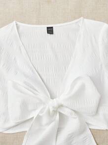 SHEIN EZwear 前繫帶短款上衣和短褲 - 白色 - 查看 4