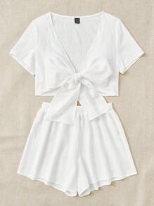 SHEIN EZwear 前繫帶短款上衣和短褲 - 白色 - 查看 5