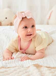 SHEIN Newborn Baby Contrast Binding Button Front Ribbed Knit Jumpsuit - Apricot - View 4