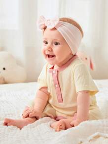 SHEIN Newborn Baby Contrast Binding Button Front Ribbed Knit Jumpsuit - Apricot - View 6