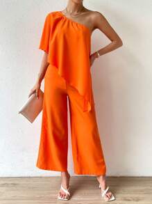 SHEIN VCAY One Shoulder Asymmetrical Hem Top & Wide Leg Pants - Orange - View 2