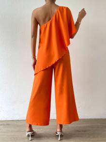 SHEIN VCAY One Shoulder Asymmetrical Hem Top & Wide Leg Pants - Orange - View 3