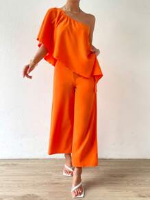 SHEIN VCAY One Shoulder Asymmetrical Hem Top & Wide Leg Pants - Orange - View 1