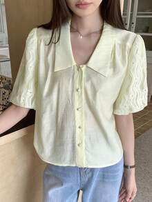 DAZY Solid Button Front Crop Shirt - Yellow - View 7