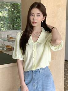 DAZY Solid Button Front Crop Shirt - Yellow - View 8