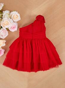 SHEIN Đầm bé gái Nơ Bướm phân lớp Dây kéo màu trơn Buổi tiệc - Đỏ - Xem 8