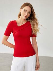 MOTF PREMIUM ASYMMETRIC VISCOSE-BLEND TOP,SUMMER OUTFITS - Red - View 7
