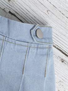 SHEIN Bé Gái Chân váy Denim Nút Xếp li màu trơn - Rửa nhẹ - Xem 3
