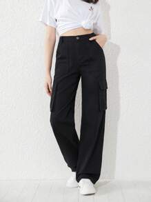 青少年女孩翻蓋口袋工裝牛仔褲 - 黑色 - 查看 4