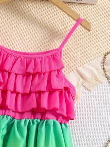 SHEIN 可愛漸層女童連衣裙揉皺 前短後長 多層分層 - 彩色 - 查看 4