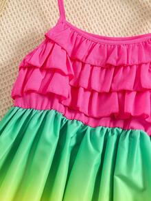 SHEIN 可愛漸層女童連衣裙揉皺 前短後長 多層分層 - 彩色 - 查看 5