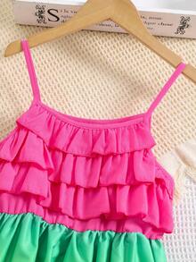 SHEIN 可愛漸層女童連衣裙揉皺 前短後長 多層分層 - 彩色 - 查看 6