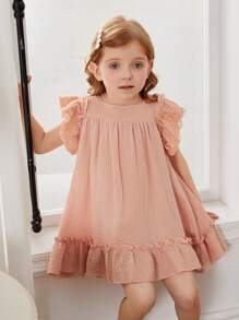Niñas Vestido smock con encaje en contraste de manga mariposa bajo con fruncido - Rosa Pálido - Ver 1