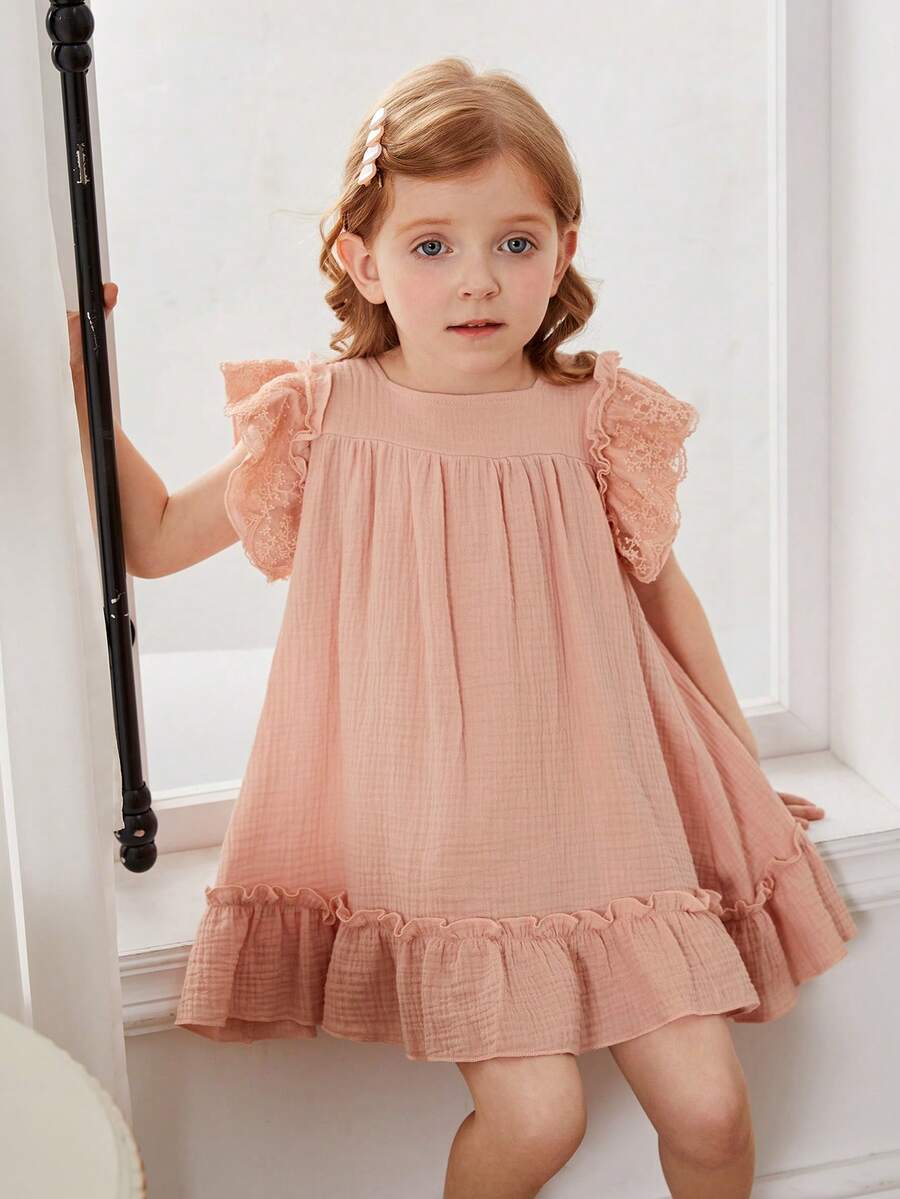 Niñas Vestido smock con encaje en contraste de manga mariposa bajo con fruncido - Rosa Pálido - Ver 1