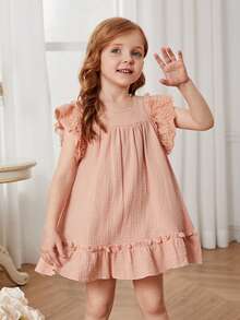 Niñas Vestido smock con encaje en contraste de manga mariposa bajo con fruncido - Rosa Pálido - Ver 6