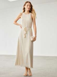 MOTF PREMIUM Đầm Linen Viscose Tua Rua - Màu be - Xem 4