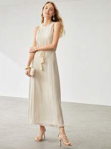 MOTF PREMIUM Đầm Linen Viscose Tua Rua - Màu be - Xem 5
