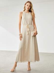 MOTF PREMIUM Đầm Linen Viscose Tua Rua - Màu be - Xem 6