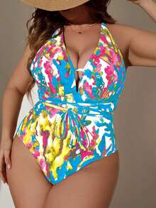 Plus Allover Print Crisscross Knot Front One Piece Swimsuit - Multicolor - View 4