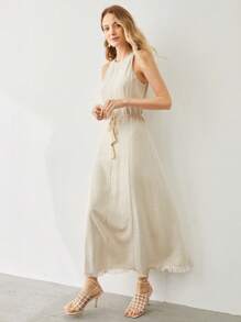 MOTF PREMIUM Đầm Linen Viscose Tua Rua - Màu be - Xem 7