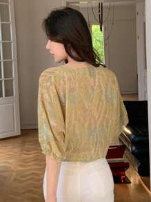 DAZY Tropical Print Twist Front Crop Blouse - Yellow - View 2