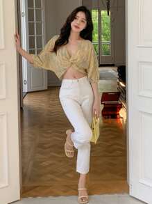 DAZY Tropical Print Twist Front Crop Blouse - Yellow - View 5