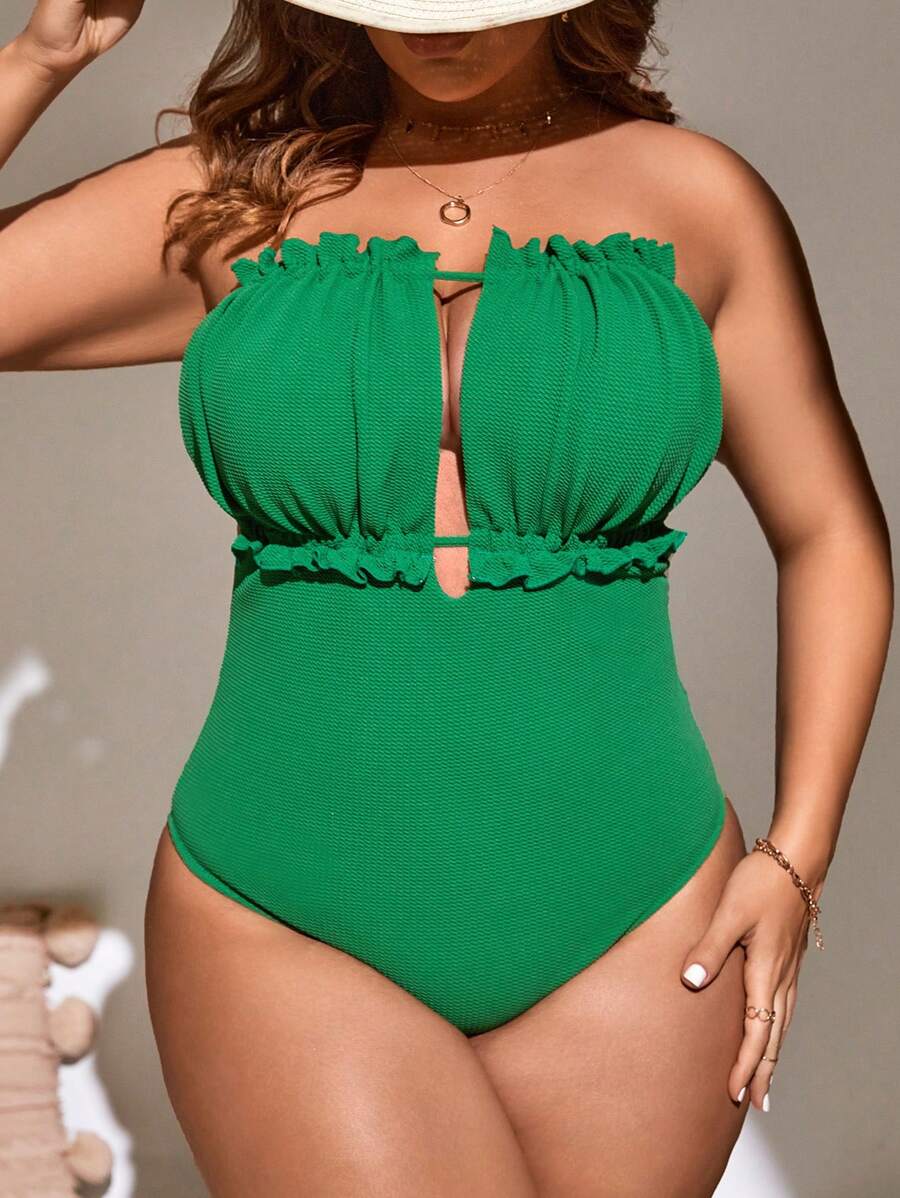 SHEIN Swim Curve Plus Size Frill Trim Tie Backless One Piece Swimsuit Summer - Green - View 1