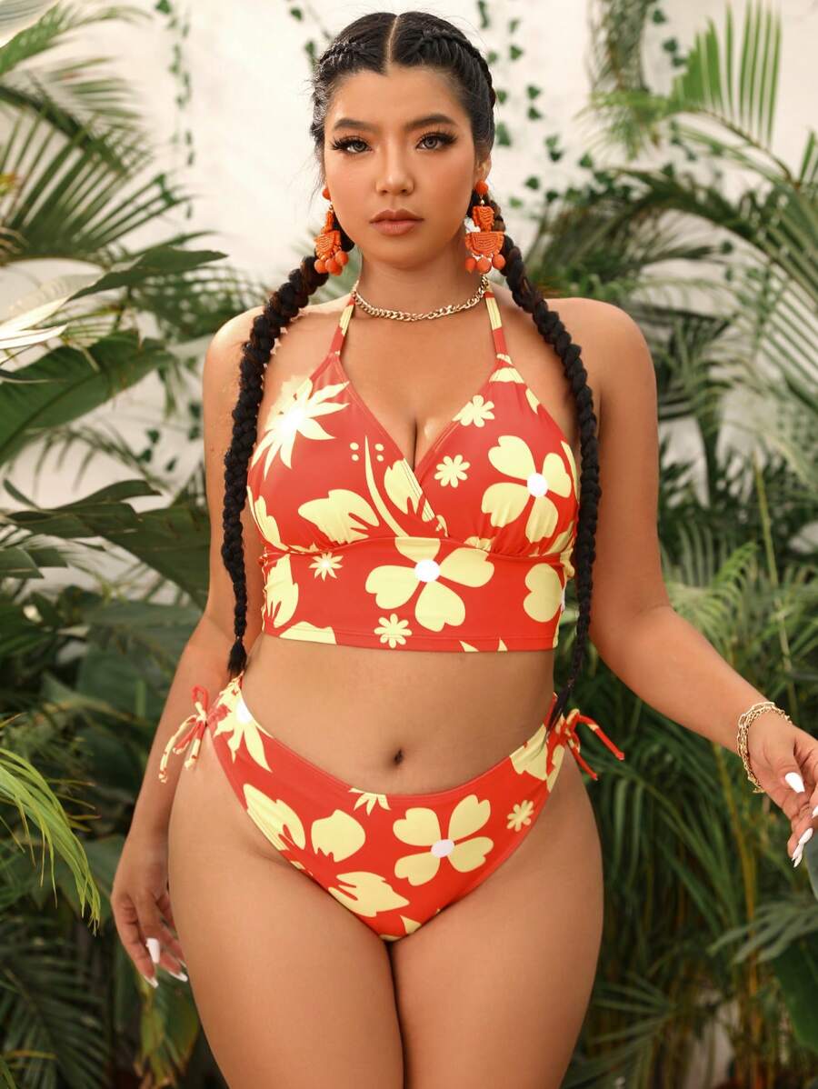 SHEIN Swim Curve Bộ bikini dây in hoa cỡ lớn đi biển mùa hè - Màu Cam cháy - Xem 1