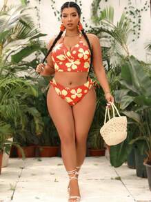 SHEIN Swim Curve Bộ bikini dây in hoa cỡ lớn đi biển mùa hè - Màu Cam cháy - Xem 3