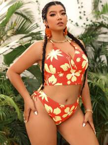 SHEIN Swim Curve Bộ bikini dây in hoa cỡ lớn đi biển mùa hè - Màu Cam cháy - Xem 5
