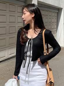 DAZY Solid Tie Front Crop Tee Long Sleeve Women Tops - Black - View 5