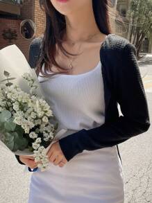 DAZY Solid Tie Front Crop Tee Long Sleeve Women Tops - Black - View 7