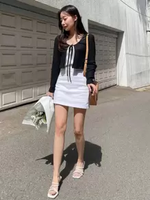 DAZY Solid Tie Front Crop Tee Long Sleeve Women Tops - Black - View 8