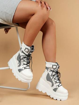 Fall/Winter 2025 Women Buckle Decor Wedge Boots, Lace-Up Front Fashion Boots