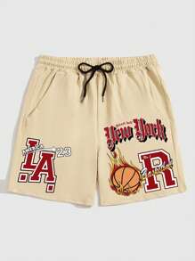 ROMWE MEN Prep Nam Đồ họa Chữ cái Eo dây rút Quần short - Màu Khaki - Xem 1