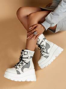 2025 秋冬女士扣饰坡跟靴，系带时尚靴 - 白色 - 查看 5