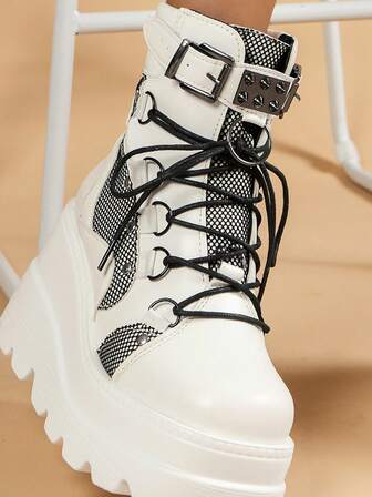 Fall/Winter 2025 Women Buckle Decor Wedge Boots, Lace-Up Front Fashion Boots