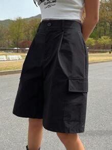 DAZY 高腰襟式口袋側邊百搭短褲 - 黑色 - 查看 7