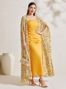 Mulvari Allover Floral Print Open Front Coat & Tube Dress - Yellow - View 1