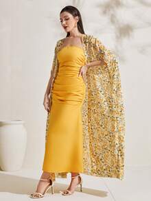 Mulvari Allover Floral Print Open Front Coat & Tube Dress - Yellow - View 4