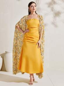 Mulvari Allover Floral Print Open Front Coat & Tube Dress - Yellow - View 5