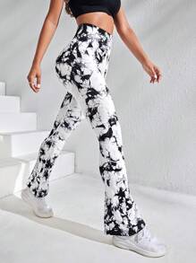 SHEIN Yoga Trendy 紮染喇叭運動褲 - 黑與白 - 查看 6