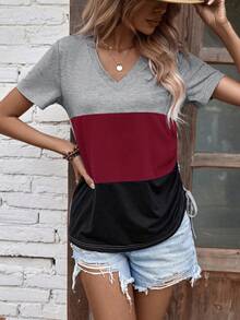SHEIN LUNE Áo thun nữ Dây kéo Khối Màu Giải trí - Đỏ - Xem 6