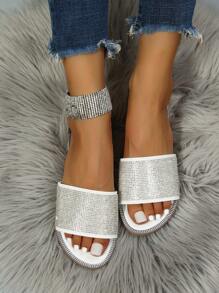 魅力四射夏日派對平底拖鞋適用於女士水鑽裝飾金屬亮絲塑膠露趾涼拖 - 白色 - 查看 3