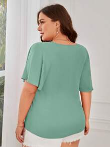 SHEIN Clasi Plus Size Women's Solid Color Tie Collar Raglan Sleeve Ruffle Hem Fashionable Blouse - Green - View 2