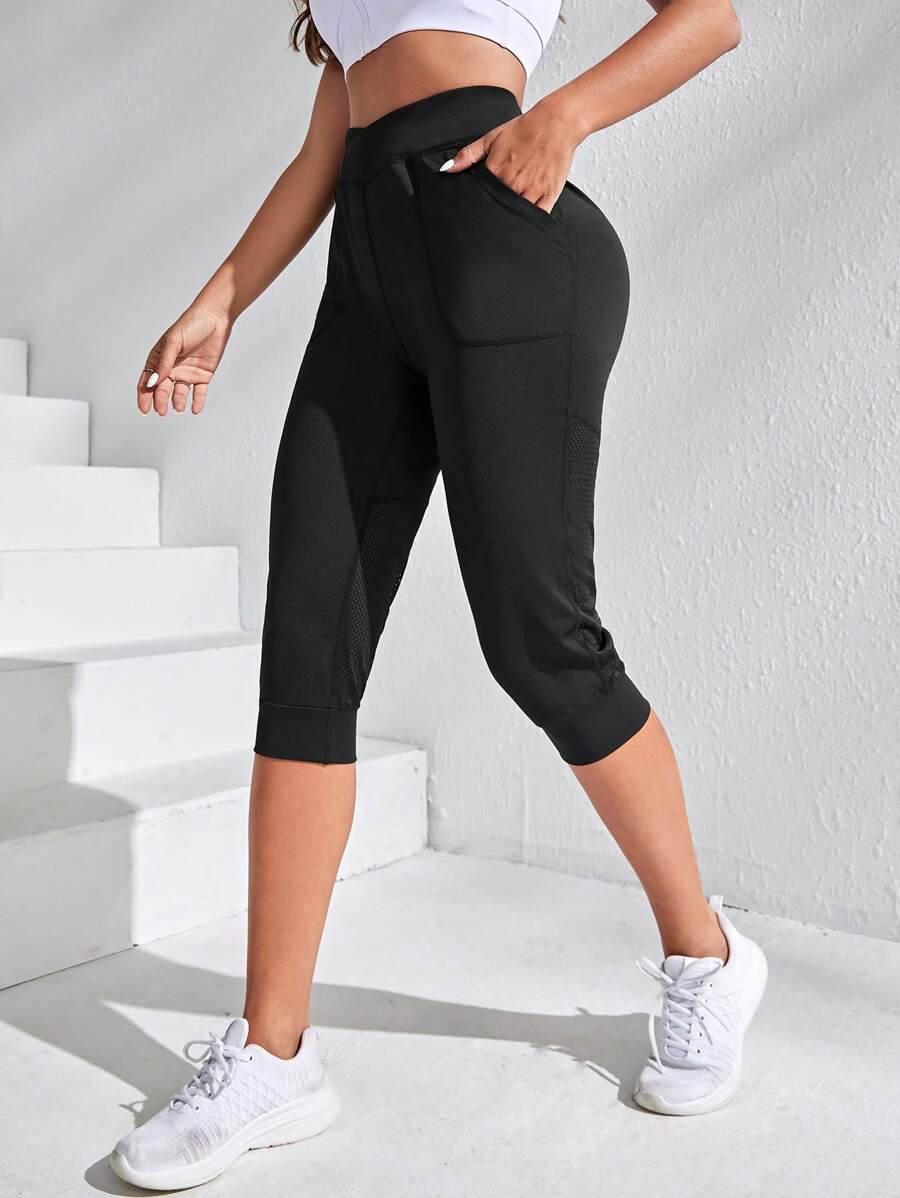 Easithlete Slant Pocket Overlap Waist Capri Sports Pants - Black - View 1