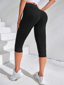 Easithlete Slant Pocket Overlap Waist Capri Sports Pants - Black - View 2