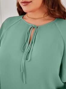 SHEIN Clasi Plus Size Women's Solid Color Tie Collar Raglan Sleeve Ruffle Hem Fashionable Blouse - Green - View 5