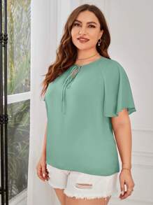 SHEIN Clasi Plus Size Women's Solid Color Tie Collar Raglan Sleeve Ruffle Hem Fashionable Blouse - Green - View 6