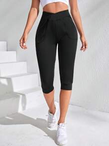 Easithlete Slant Pocket Overlap Waist Capri Sports Pants - Black - View 5